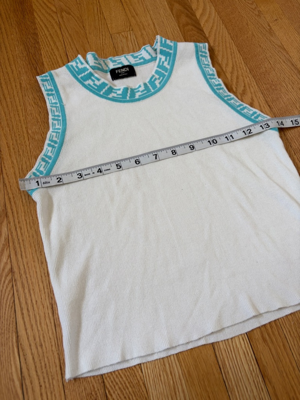 F Icon White Knit Sleeveless Top with Turquoise-Blue FF Trim - Picture 5 of 5